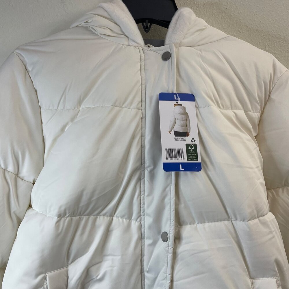 32 Degrees Heat Womens White Hooded Puffer Jacket L With Snap Closures & Pockets - Picture 4 of 11